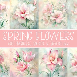 Papiers numériques fleurs printanières - images florales roses et vertes pastel pour travaux manuels, art mural, scrapbooking, cartes de fête des mères, sublimation