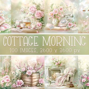Cottage Digital Downloads, Zestaw papieru Cottagecore do scrapbookingu, rzemiosła i sztuki ściennej, Zestaw wydruków w pastelowym zielonym i różowym kolorze, Zestaw Whimsical