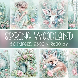 Forêt printanière, animaux de la forêt, jolies fées I Papiers numériques pour scrapbooking, journaux indésirables, travaux manuels, vert pastel, éphémères vintage romantiques