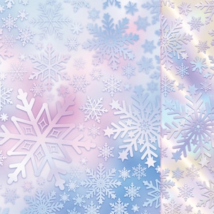 May include: A winter-themed design featuring a repeating pattern of white snowflakes on a gradient background. The background transitions from blue to pink and purple, with some sections having a holographic effect. The snowflakes vary in size and design.