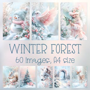 Könnte beinhalten: Eine Sammlung von Kunstdrucken zum Thema Winter. Die Bilder zeigen einen Schneemann, eine Taube mit rosa Flügeln, einen Engel, ein Eichhörnchen, einen Weihnachtsbaum, einen Wolf, einen verschneiten Torbogen und ein Reh. Der Text "WINTER FOREST" und "60 Bilder, A4-Größe" sind ebenfalls vorhanden.
