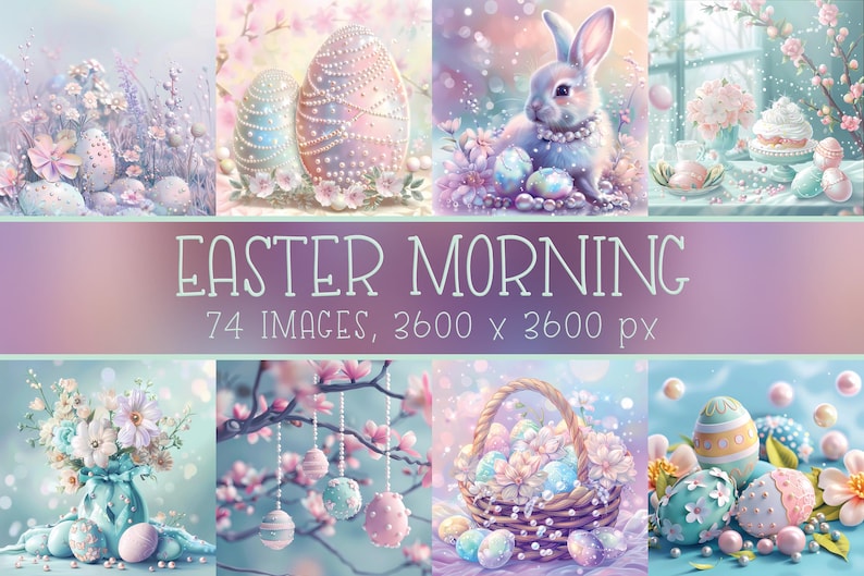 May include: A collection of digital illustrations featuring pastel colored Easter eggs, flowers, and a bunny rabbit. The images are perfect for creating digital scrapbook pages, cards, and other crafts.