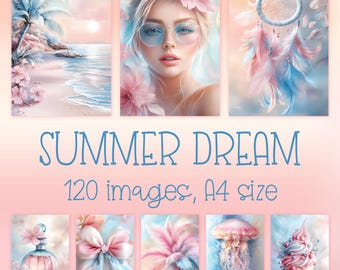 Summer Digital Prints for Junk Journal, Pink Light Blue Beach Wall Art (Instant Download)
