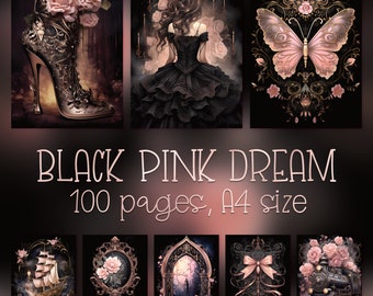 Black Pink Dream Digital Paper: Shabby Chic Gothic Ephemera (A4)