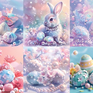 May include: A collage of six images featuring pastel-colored Easter eggs decorated with pearls, flowers, and other embellishments. The images also include a white bunny with a pearl necklace and a blue background with feathers.