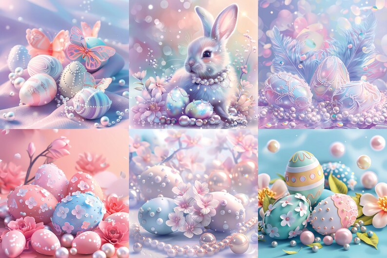 May include: A collage of six images featuring pastel-colored Easter eggs decorated with pearls, flowers, and other embellishments. The images also include a white bunny with a pearl necklace and a blue background with feathers.