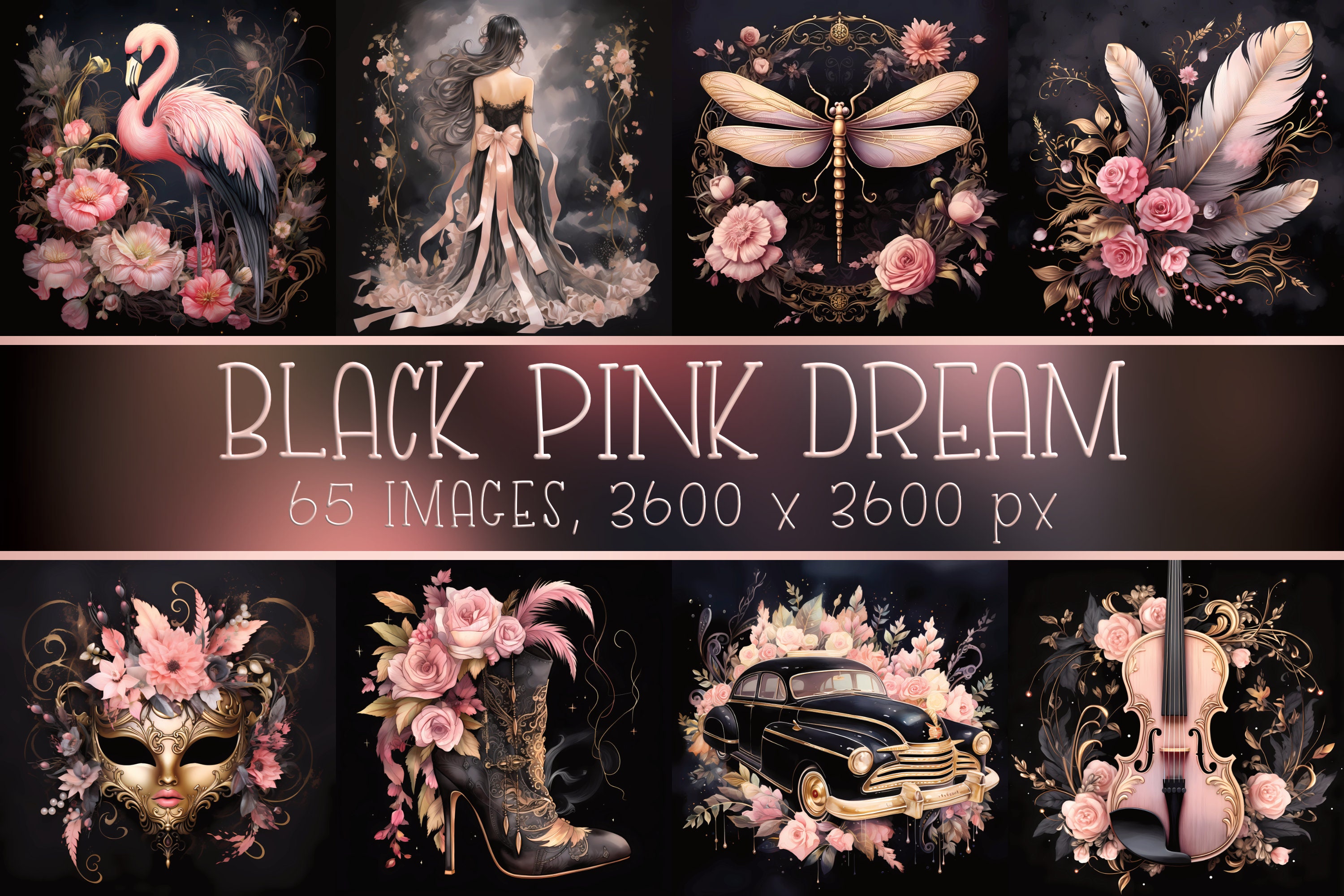 Black Pink Digital Paper: Gothic Ephemera, Junk Journal (Digital Download)