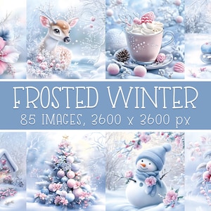 Pode incluir: Uma colagem de arte digital com tema de inverno, apresentando um veado, flores, um boneco de neve e uma árvore de Natal decorada. O texto "FROSTED WINTER" é exibido acima das imagens, juntamente com o número de imagens e sua resolução.