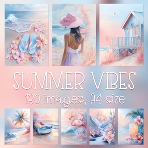 Carte digitali Summer Vibes per decorazioni murali tropicali, album di ritagli con diari da spiaggia, copertine per biglietti d'auguri stampabili, pacchetto di stampe con artigianato da spiaggia