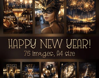 Luxury New Year Digital Print Bundle: Festive Black Gold Images & Backgrounds (Instant Download)