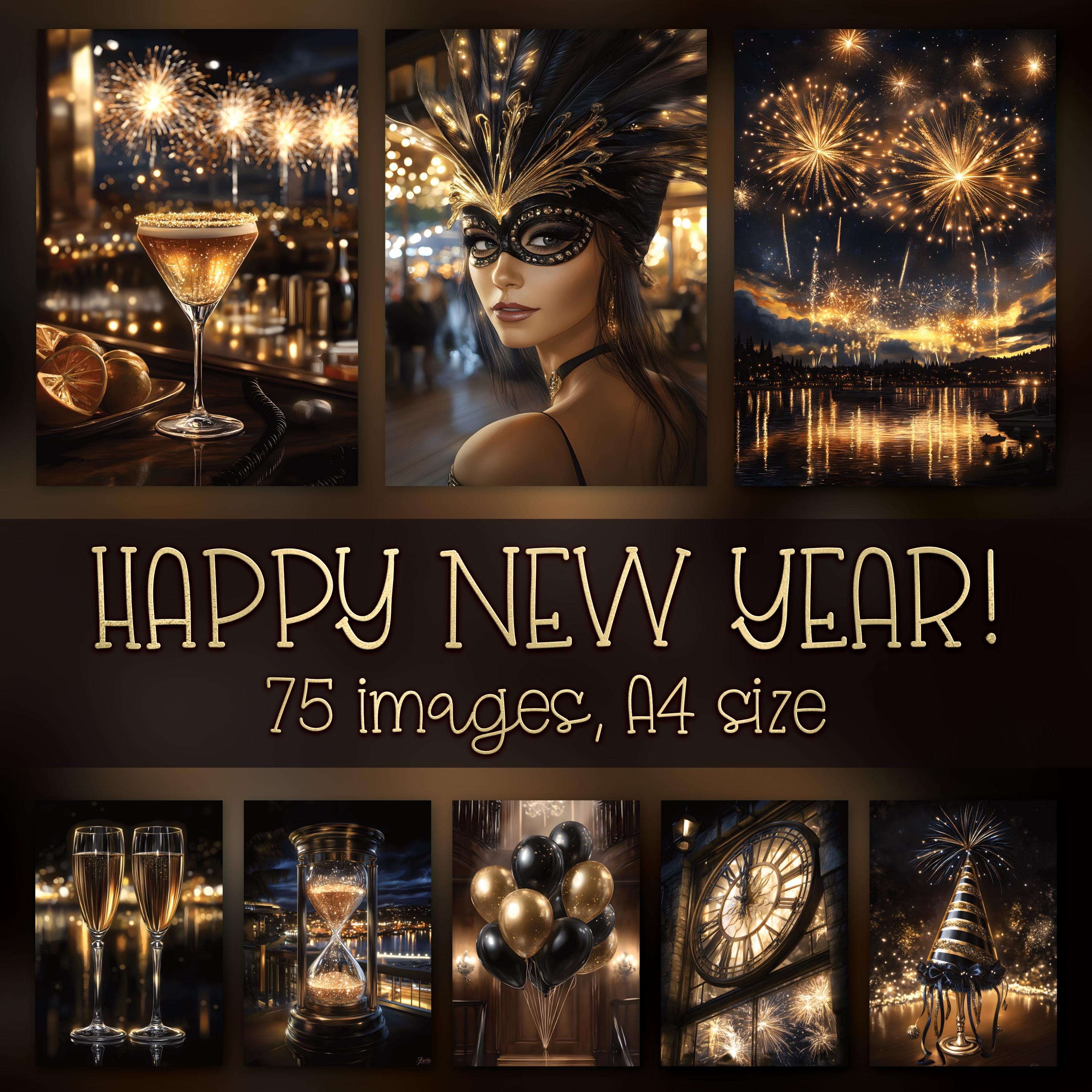 Luxury New Year Digital Print Bundle: Festive Black Gold Images
