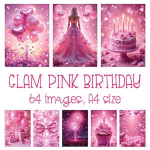 Glam Pink Birthday Druckbare Digitale Papiere für Geburtstagskarten, Girly Party Einladungen I Chic Kokette Luftballons, Kuchen, Champagner etc.