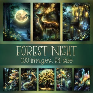 Könnte beinhalten: Eine Sammlung von Fantasy-Kunstdrucken mit Waldszenen mit leuchtenden Elementen. Die Bilder zeigen einen Vollmond, einen Hirsch mit leuchtendem Geweih und ein Baumhaus. Der Text "FOREST NIGHT" und "100 images, A4 size" sind ebenfalls sichtbar.