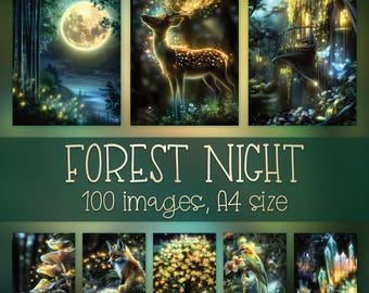 Enchanted Forest Night Digital Paper Bundle: Green Gold Junk Journal, Magical Fantasy Artwork Prints