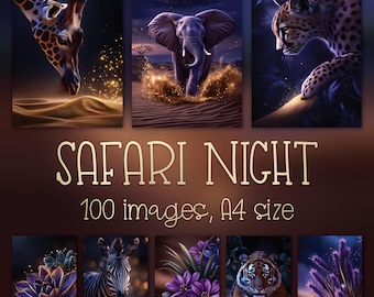 Night Safari Digital Prints: Wild Animals & Landscape for Wall Art, Junk Journal Pages, Crafts