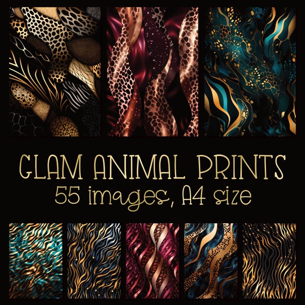 Glam animal print pattern printable digital papers for junk journals, posters, cards, albums, scrapbook papers etc. A4 size. Commercial use