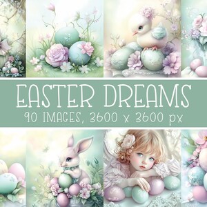 Lot de papier numérique de Pâques pastel pour cartes, scrapbooking, travaux manuels, journaux indésirables, joli lapin de Pâques, œufs, poussins, fleurs, panier, etc.