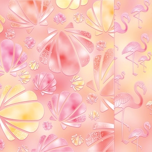 Papiers numériques d'été, motifs de plage rose pour cartes, papier de scrapbooking imprimable, sublimation, travaux manuels de couvertures, coquillages crème glacée flamant rose étoile de mer