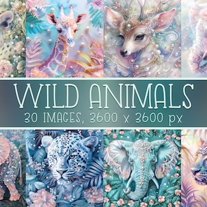 Papeles digitales imprimibles de animales salvajes de ensueño para sublimación, scrapbooking, diarios basura, álbumes, portadas, manualidades, tarjetas, etc. Uso comercial.