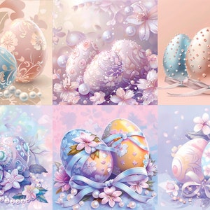 May include: A collage of six images featuring pastel-colored Easter eggs decorated with floral patterns and pearl accents. Each image features a different arrangement of eggs with delicate flowers and pearl embellishments.