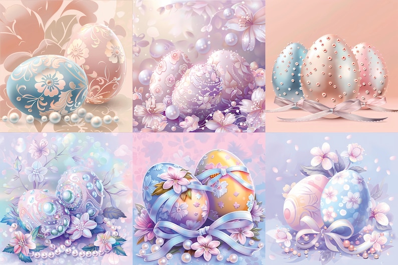 May include: A collage of six images featuring pastel-colored Easter eggs decorated with floral patterns and pearl accents. Each image features a different arrangement of eggs with delicate flowers and pearl embellishments.