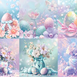 May include: A collage of six images featuring pastel-colored Easter eggs decorated with pearl accents and delicate bows, surrounded by pastel-colored flowers in vases.