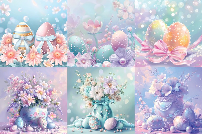 May include: A collage of six images featuring pastel-colored Easter eggs decorated with pearl accents and delicate bows, surrounded by pastel-colored flowers in vases.