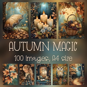 Pages de carnet magique d'automne, papier de scrapbooking d'automne, art mural numérique imprimable, travaux manuels d'oeuvres d'art nature, feuilles citrouilles fleurs, vintage