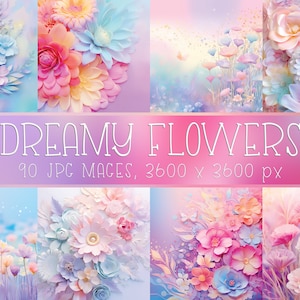 Fiori da sogno, carte digitali stampabili floreali pastello per scrapbooking, album, inviti, diari spazzatura, cartoline, copertine, lavori di carta, ecc.