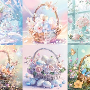 May include: Six pastel-colored images of Easter baskets filled with pastel-colored eggs and flowers. The baskets are decorated with pearls and butterflies.