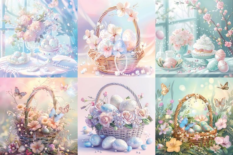 May include: Six pastel-colored images of Easter baskets filled with pastel-colored eggs and flowers. The baskets are decorated with pearls and butterflies.