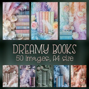 Vintage boeken ongewenste dagboekpagina's, afdrukbare digitale papieren, shabby-chique pastelboeken met bloemen en veren, romantische efemere prenten