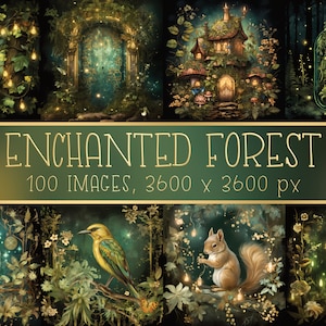 Carte digitali stampabili a tema foresta incantata per scrapbooking, diari effimeri, album, diari di scarto, cartoline, creazioni di carta, copertine ecc.
