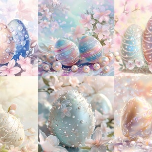 May include: A collage of six images featuring pastel-colored Easter eggs decorated with pearls and floral accents. The eggs are arranged in various settings, including a bed of pink flowers, a bed of white flowers, and a bed of pearls.