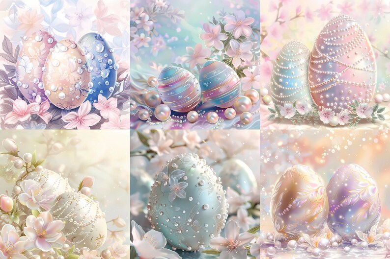 May include: A collage of six images featuring pastel-colored Easter eggs decorated with pearls and floral accents. The eggs are arranged in various settings, including a bed of pink flowers, a bed of white flowers, and a bed of pearls.