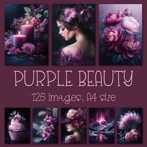 May include: A collection of digital art prints with a purple theme. The images include floral arrangements, portraits, and landscapes. The text "PURPLE BEAUTY" is displayed, along with "125 images, A4 size".
