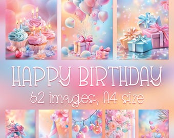 Rainbow Birthday Digital Papers: Printable Cards, Invitations, Backgrounds (A4 JPG Files)