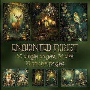 Pagine di diario "Enchanted Forest Junk", carte digitali stampabili per scrapbooking, album di effimeri vintage, arte fantasy stravagante Green Gold