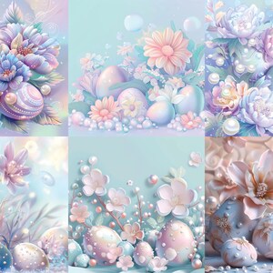 May include: A collage of six images featuring pastel-colored Easter eggs decorated with pearl-like accents and surrounded by delicate flowers. The flowers are in shades of pink, purple, and white.