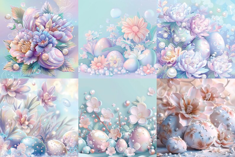 May include: A collage of six images featuring pastel-colored Easter eggs decorated with pearl-like accents and surrounded by delicate flowers. The flowers are in shades of pink, purple, and white.