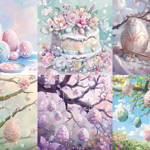 May include: A collage of six images featuring pastel-colored Easter eggs decorated with pearls and floral accents. The eggs are displayed in various settings, including a table with paintbrushes, a cake with floral decorations, and branches of a flowering tree.