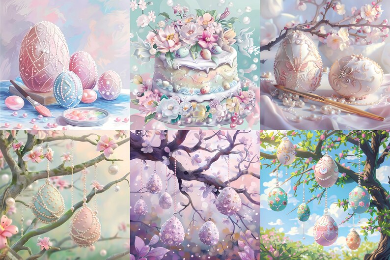 May include: A collage of six images featuring pastel-colored Easter eggs decorated with pearls and floral accents. The eggs are displayed in various settings, including a table with paintbrushes, a cake with floral decorations, and branches of a flowering tree.