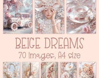 Beige Vintage Digital Papers: 70 Ephemera Shabby Chic Prints (Instant Download)