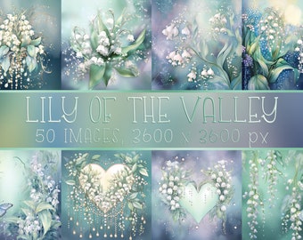 Watercolor pastel green lily of the valley printable digital papers for scrapbook paper, junk journal, posters, cards, albums, crafting etc.
