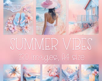 Summer Beach Digital Paper Set, Tropical Art, Scrapbook (A4, 130 JPGs)