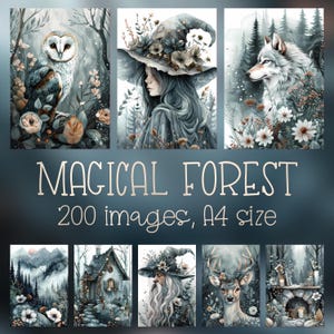 Magischer Wald druckbare digitale Papier-Downloads für Junk Journals, Poster, Wandkunst, Alben, Drucke, Karten, Papierhandwerk, Ephemera usw.