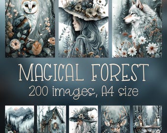 Magical Forest Digital Paper: Junk Journal Pages (200 A4 JPGs)