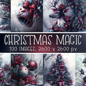 Carte digitali stampabili con la magia del Natale per biglietti di auguri e festività invernali, scrapbooking, copertine, decorazioni I Whimsical Dark Teal & Burgundy