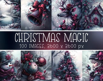 Dark Christmas Scrapbook Paper Bundle: Teal Burgundy Winter Holiday (Digital Download)