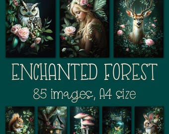Enchanted Forest Digital Download Bundle: Green Wall Art Prints, Printable Junk Journal Pages, Crafts